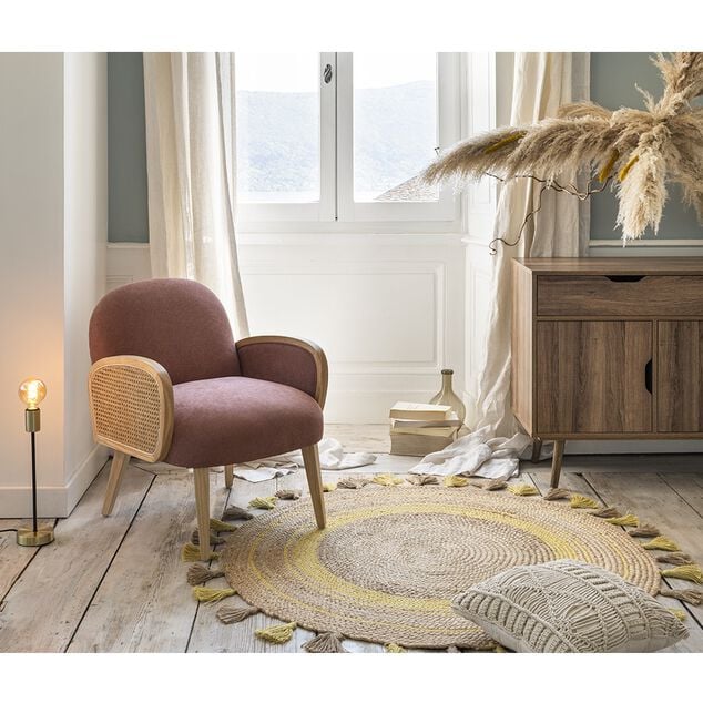 Tapis tiss&eacute; rond avec pompons naturel et jaune