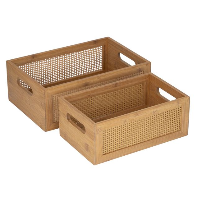 Caisse rangement cuisine x2 bois et bambou 2 faces effet rotin tress&eacute; 2 tailles