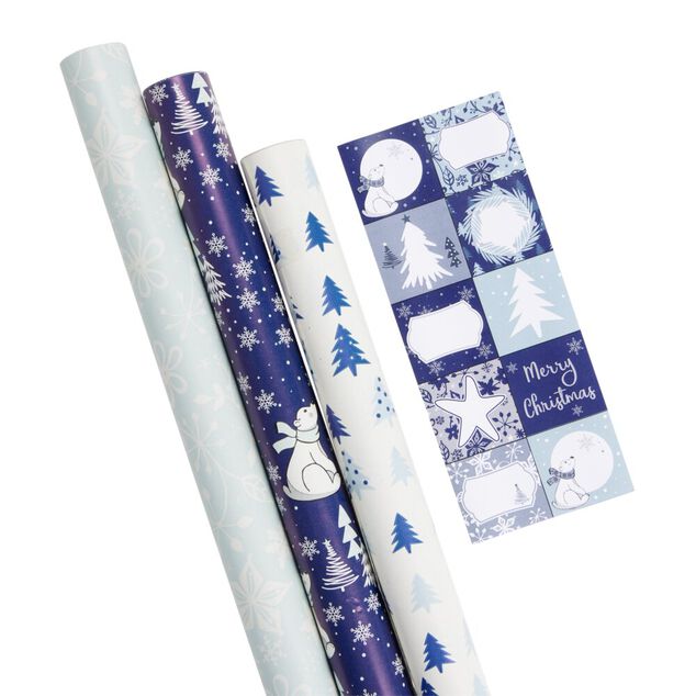 Papier cadeau No&euml;l rouleau x3 avec 20 &eacute;tiquettes autocollantes bor&eacute;al