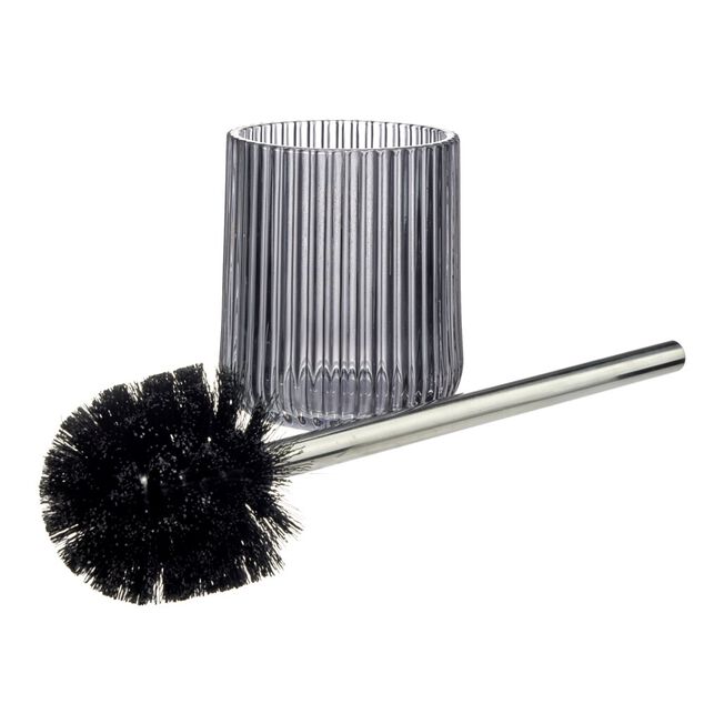 Brosse WC socle en verre stri&eacute; noir transparent &Oslash;10,5xH36cm