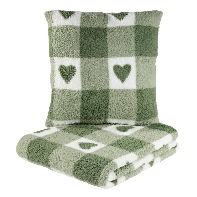 Coussin carr&eacute; L45X45 cm et plaid L160X130 cm motif assorti polyester (3 mod&egrave;les rouge/beige/vert)