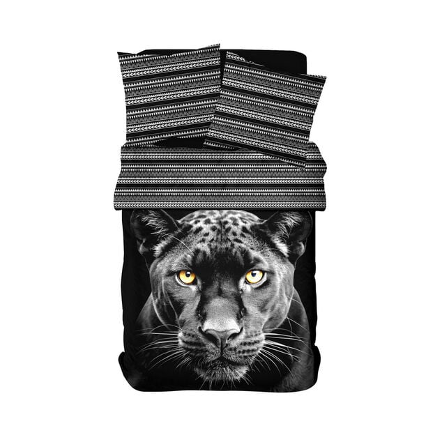 Parure de lit 2 personnes 240x220cm coton motif panth&egrave;re noir et blanc