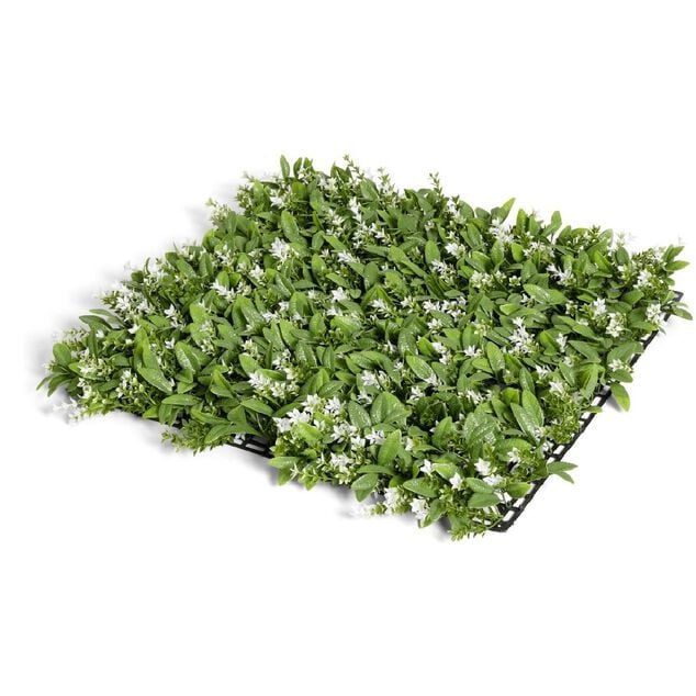 Carr&eacute; v&eacute;g&eacute;tal artificiel feuillage et fleurs blanches 50x50cm clipsable