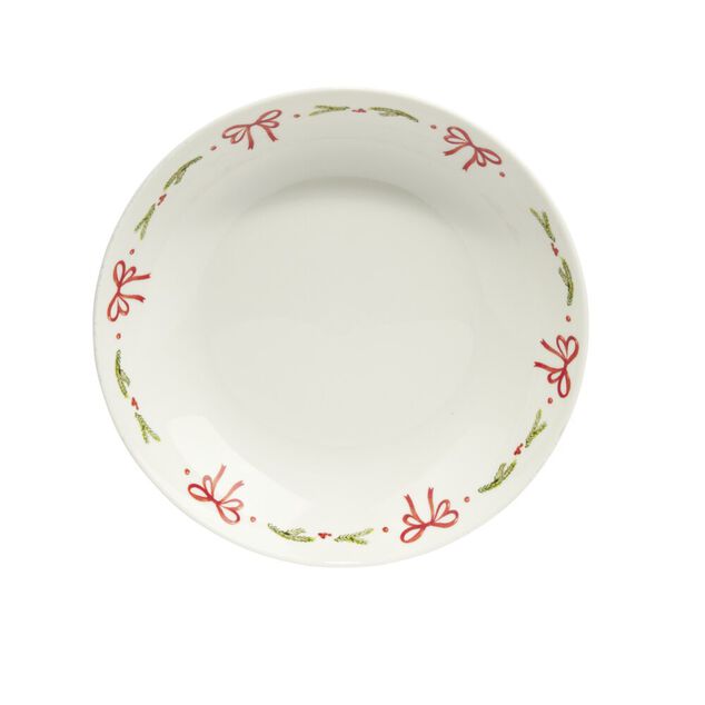 Assiette &agrave; soupe c&eacute;ramique blanche bord noeuds rouges &Oslash;17,5cm
