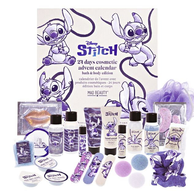 Calendrier de l'Avent 2026 Stitch denim cosm&eacute;tiques 24 cases L37X37XH5 cm bleu