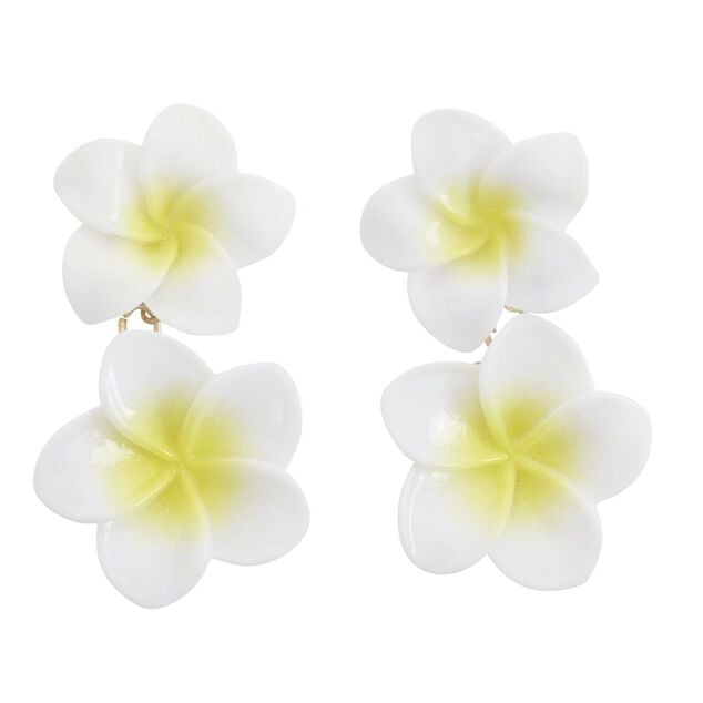 Boucles d'oreilles &eacute;poxy double fleur de tiar&eacute; jaune et blanche L2,5cm