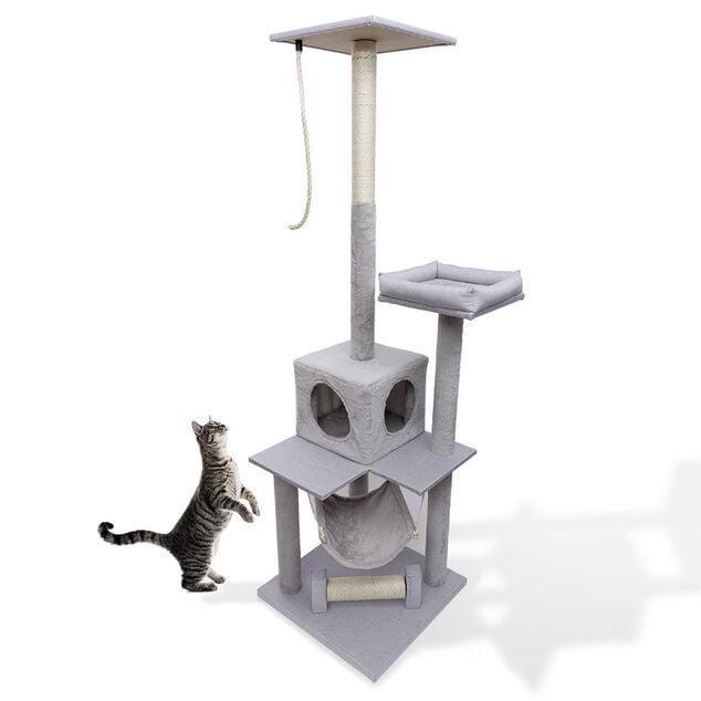 Arbre &agrave; chat XXL 4 niveaux grattoir et couchage gris H165cm