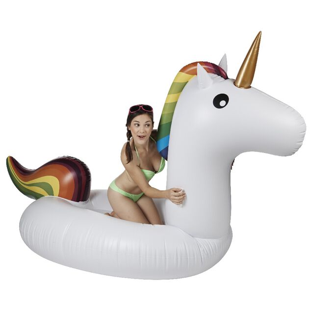 Licorne gonflable XL blanche design arc en ciel