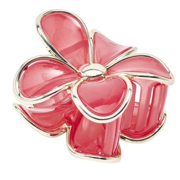 Pince cheveux fleur marguerite plastique rose contour m&eacute;tal dor&eacute; L8cm