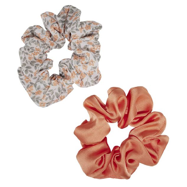 Chouchou motif fleur et uni orange &Oslash;10cm x2