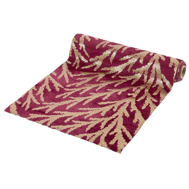 Chemin de table imitation velours imprim&eacute; branche L300X28 cm rouge et dor&eacute;