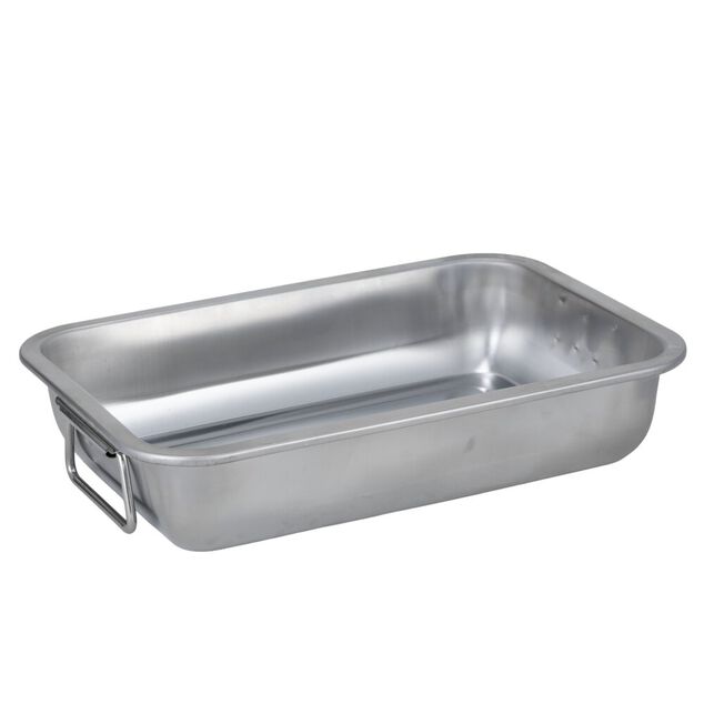 Plat &agrave; four inox rectangulaire x2 avec poign&eacute;es 30x21xH7cm et 35x25xH7cm