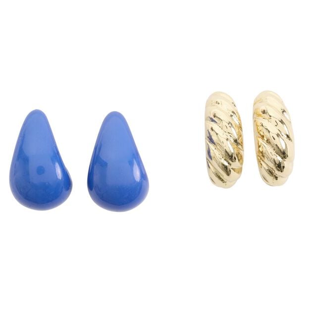 Boucles d'oreilles 2 paires goutte bleu et m&eacute;tal dor&eacute; L2,5cm