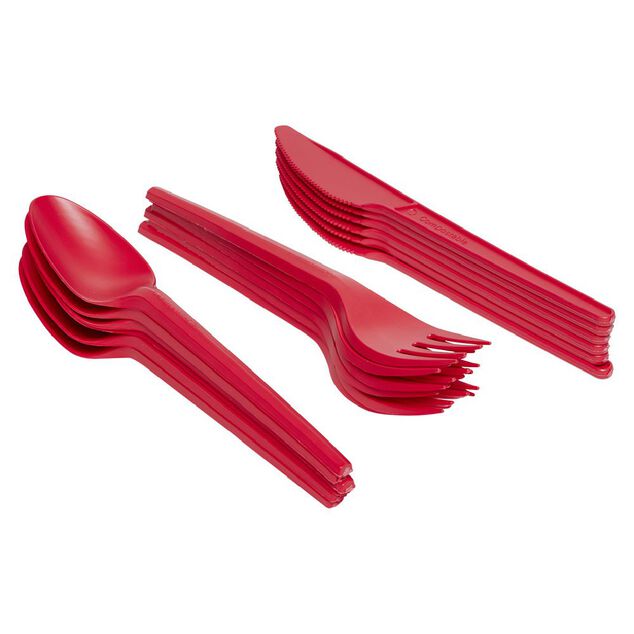 M&eacute;nag&egrave;re  r&eacute;utilisable rouge 18 couverts &agrave; base d'amidon de ma&iuml;s