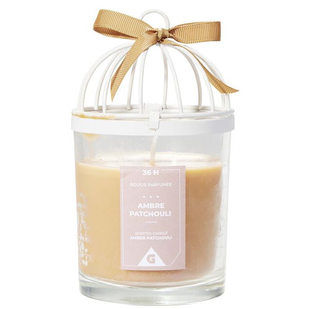Bougie cage &agrave; oiseau grise senteur ambre patchouli 36H