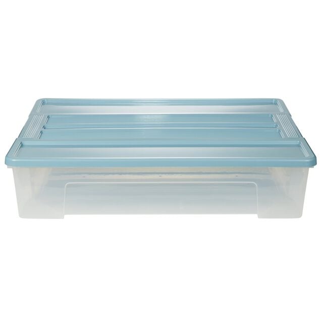 Bo&icirc;te de rangement 60L plastique transparent couvercle bleu 78,5x59xH17cm