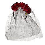 Serre-t&ecirc;te adulte Halloween voile calavera fleuri noir et rouge