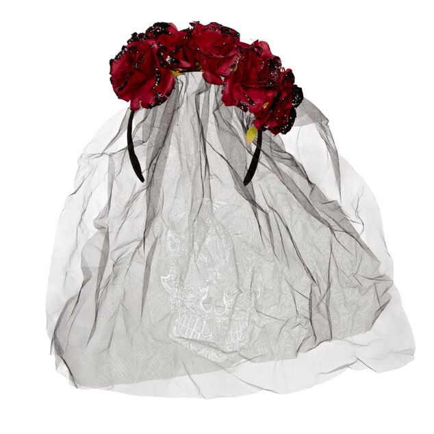 Serre-t&ecirc;te adulte Halloween voile calavera fleuri noir et rouge