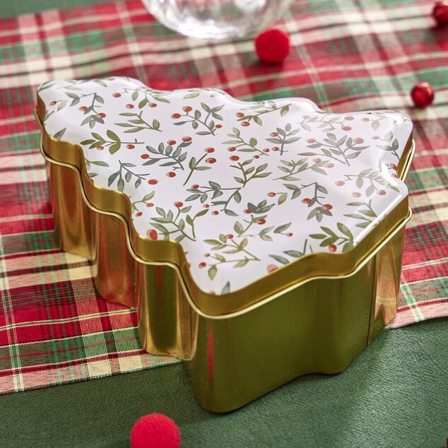 Boîte alimentaire Noël forme sapin doré motifs houx 18x14,5xH6,5cm