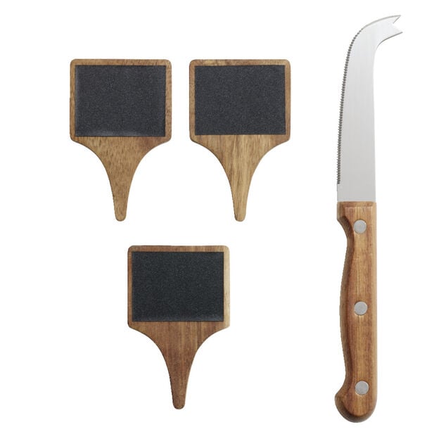 Plateau &agrave; fromage en bois avec couteau et 3 pancartes
