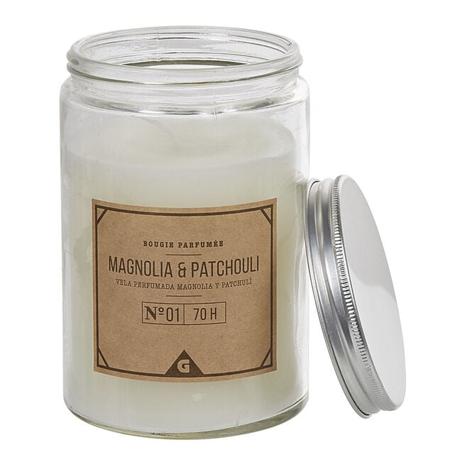 Bougie grise dans pot en pvc couvercle senteur magnolia patchouli