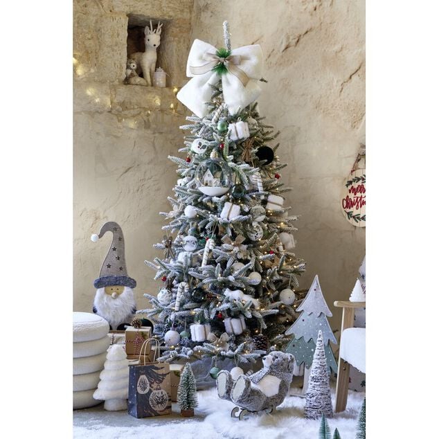 Noeud d&eacute;coratif No&euml;l XL toucher peluche blanc avec d&eacute;cor vert et marron 40x40cm