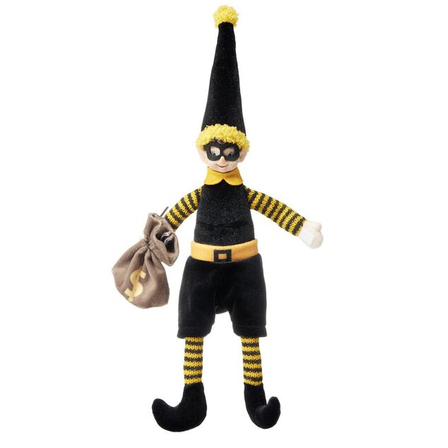 Lutin farceur voleur avec sac feutrine noir et jaune H36cm