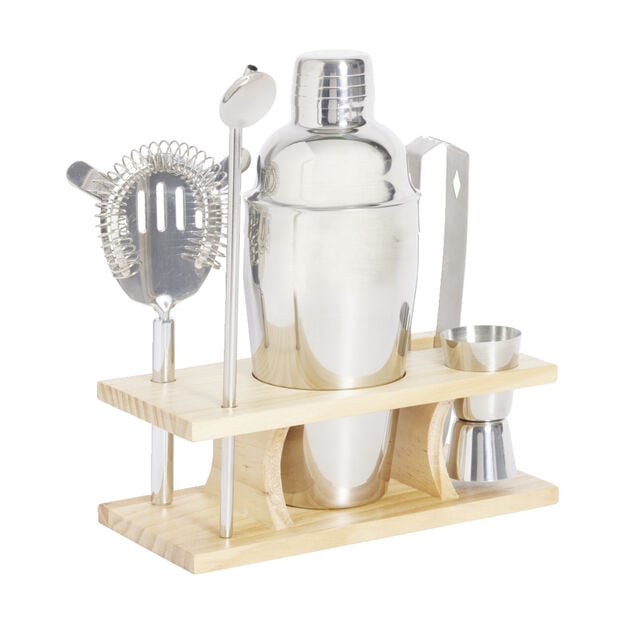 Set &agrave; cocktail acier avec support bois 6 pi&egrave;ces