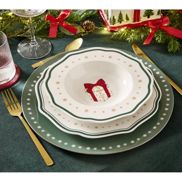 Assiette creuse imprim&eacute; boule de No&euml;l contour vague bleu fa&iuml;ence &Oslash;22 cm