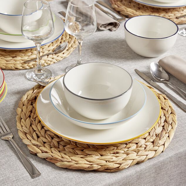 Assiette creuse porcelaine blanc liser&eacute; bleu clair &Oslash;20cm