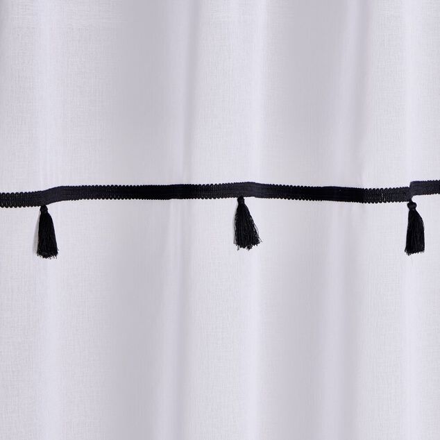 Voilage 140x240cm polyester blanc &agrave; pompons noirs