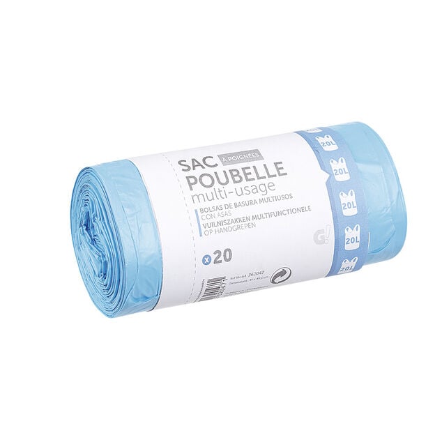 Sac poubelle 20 litres &agrave; poign&eacute;es multi usage bleu x20
