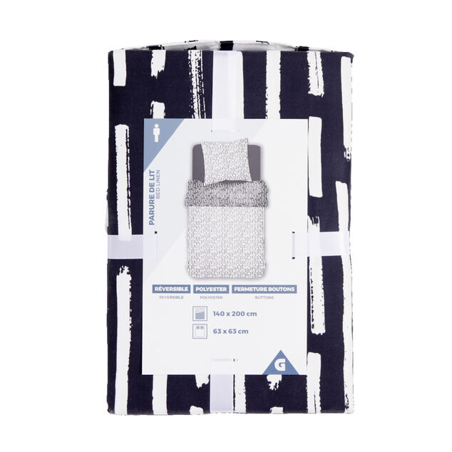 Parure de lit 1 personne 140x200 r&eacute;versible polyester imprim&eacute; noir et blanc