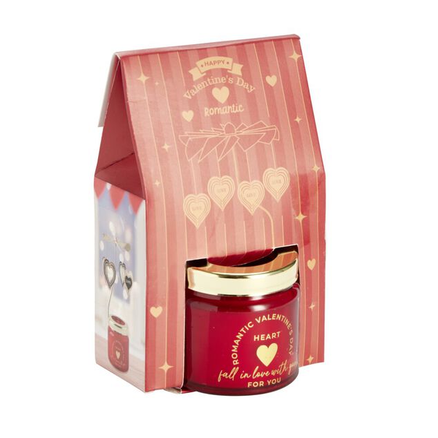 Bougie Saint Valentin dans verre rouge couvercle dor&eacute; &Oslash;6xH6cm