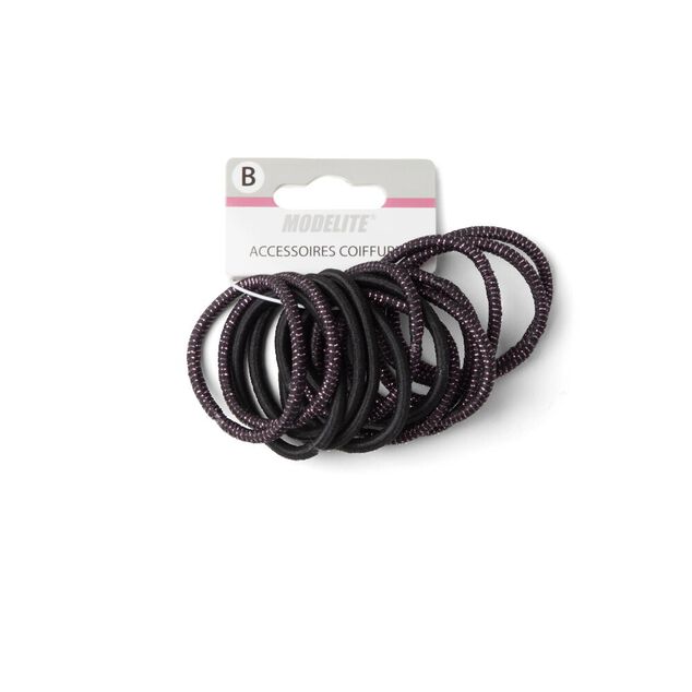 Lot de 15 &eacute;lastiques &agrave; cheveux polyester noir et fil m&eacute;tallique rose