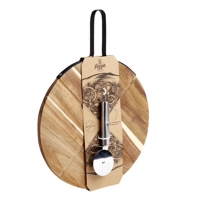 Plateau &agrave; pizza en bois avec roulette en acier