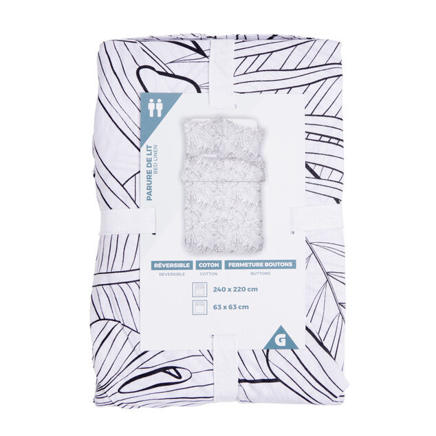 Parure de lit 2 personnes 240x220cm coton motif feuillage blanc et noir