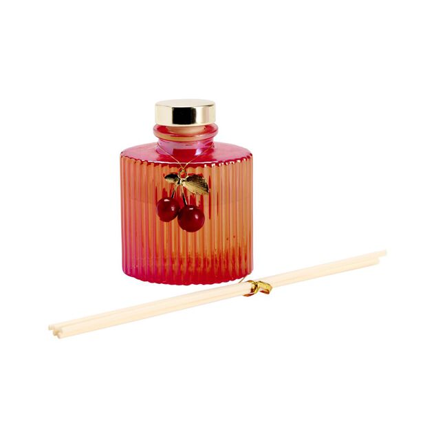 Diffuseur &agrave; b&acirc;tonnets 100ml verre color&eacute; stri&eacute; pampille cerises (2 mod&egrave;les)