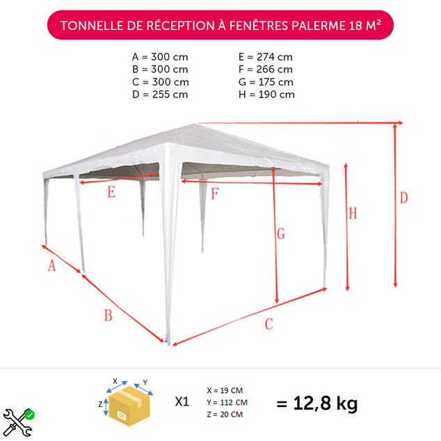 Tonnelle de r&eacute;ception &agrave; fen&ecirc;tres Palerme UPF50+ 590x290xH255cm 17m&sup2;