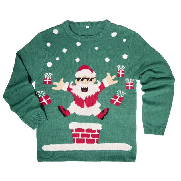 Pull de No&euml;l adulte P&egrave;re No&euml;l chemin&eacute;e vert S/M ou L/XL