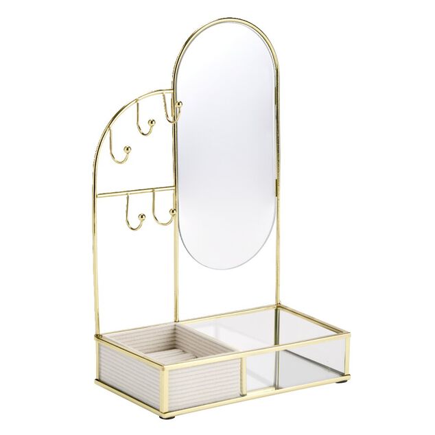 Porte-bijoux avec miroir et rangement m&eacute;tal jaune dor&eacute; 18x10xH28,5cm