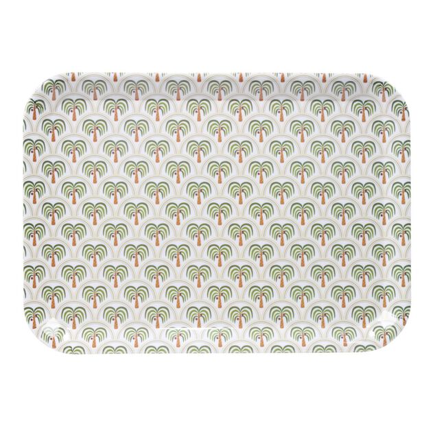 Plateau rectangulaire m&eacute;lamin&eacute; motif Indie palmier vert et gris 30x41,5cm
