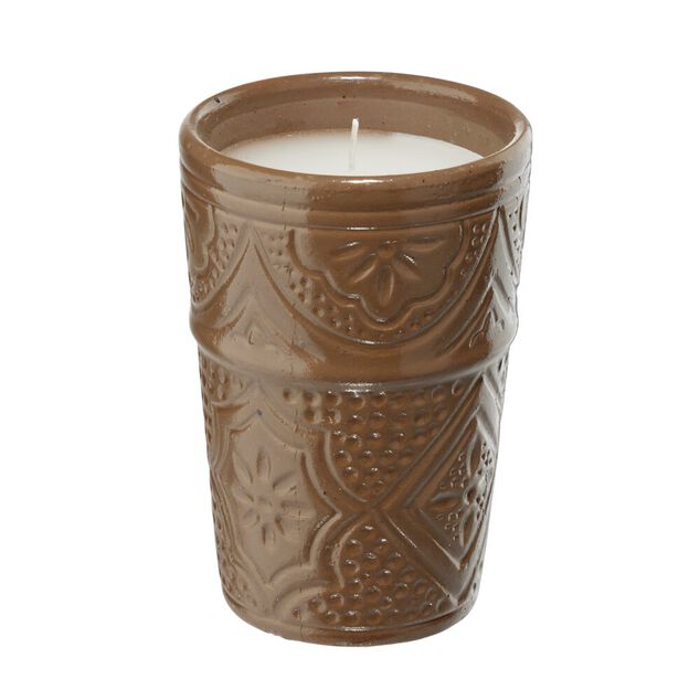 Bougie dans pot c&eacute;ramique 23H motif Beldi &Oslash;7xH10cm (3 mod&egrave;les)