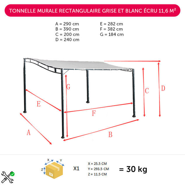 Tonnelle murale rectangulaire Lady gris et blanc &eacute;cru UPF50+ 395x290xH240cm 11,45m&sup2;