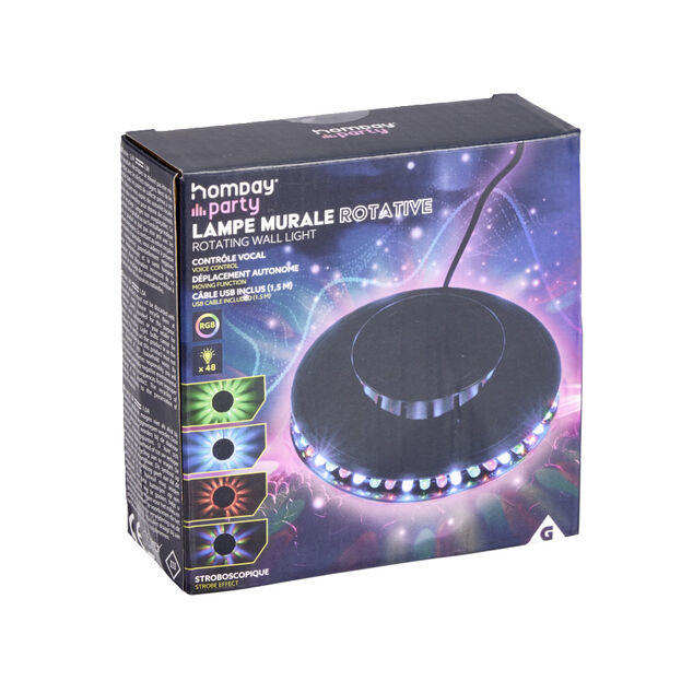 Lampe murale rotative RGB &agrave; contr&ocirc;le vocal et stroboscopique &Oslash;12,8xH2,5cm