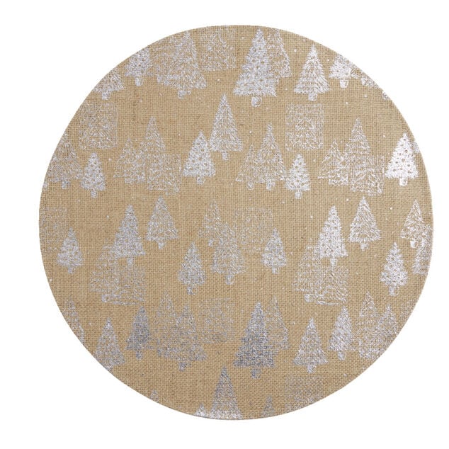 Set de table rond en jute naturel motifs sapins argent&eacute;s &Oslash;38cm