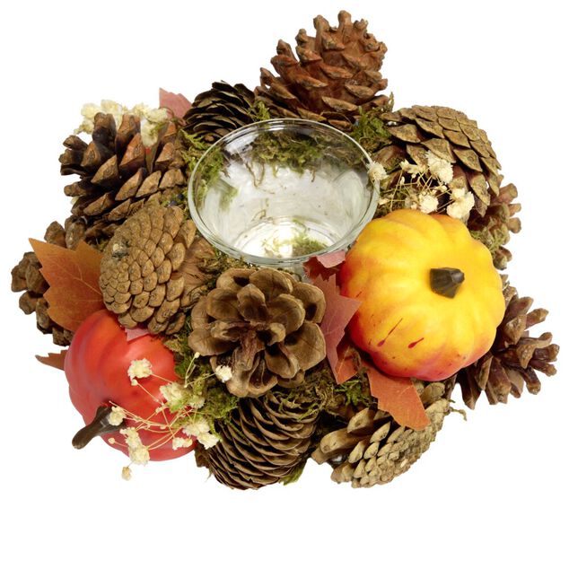 Bougeoir automne d&eacute;co mini citrouilles feuillage et pommes de pin &Oslash;19xH7,5cm