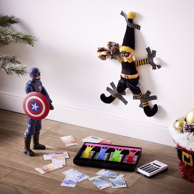 Lutin farceur voleur avec sac feutrine noir et jaune H36cm