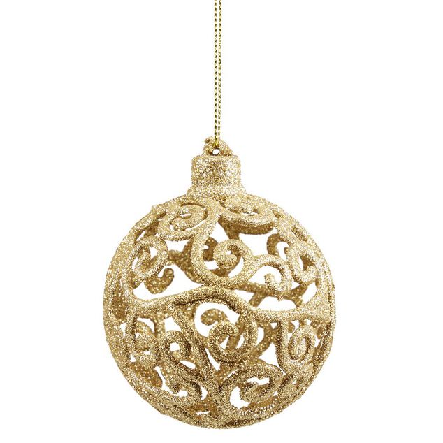 Boule de No&euml;l ajour&eacute;e motif arabesque paillet&eacute; dor&eacute; &Oslash;8 cm x3