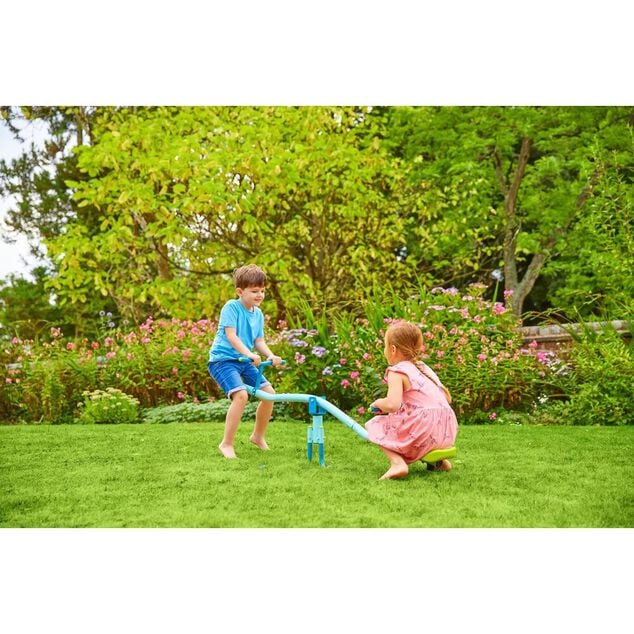 Tr&eacute;buchet enfant balan&ccedil;oire horizontale tape-fesses bleu et vert 171x55xH62cm